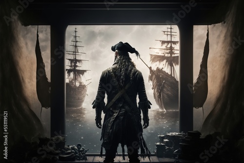 A pirate standing on a ship facing the sea and two pirate ships, backview photo