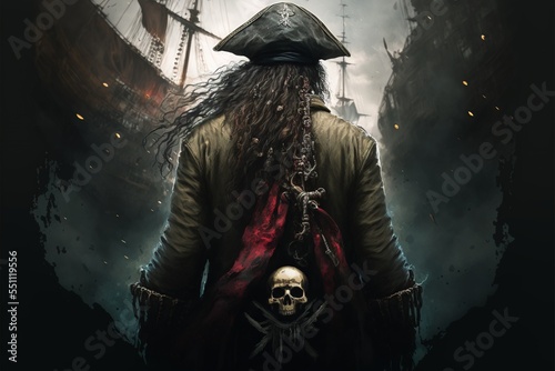 A pirate standing in front of two pirate ships, epic photo