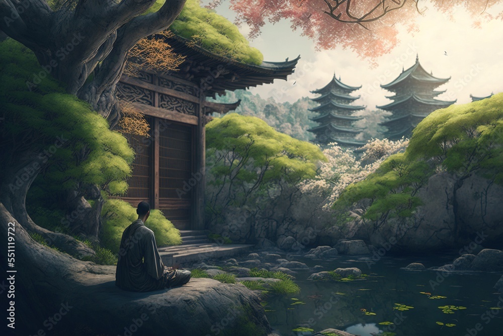 A monk meditaing in front of a temple with a lake - obrazy, fototapety, plakaty 