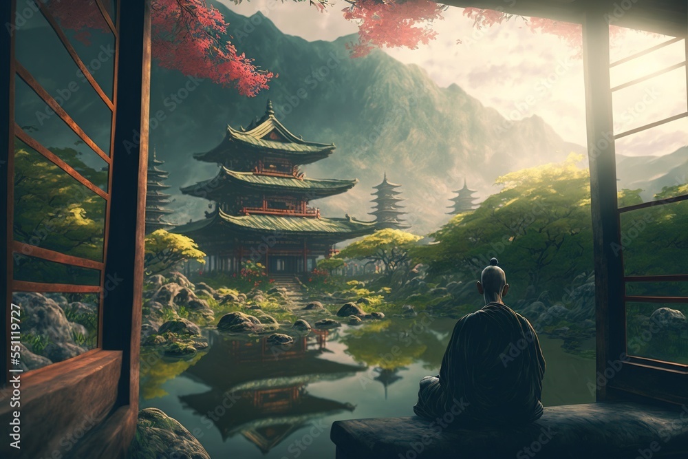 A monk meditating in front of a chinese temple, foggy mountains in the background - obrazy, fototapety, plakaty 