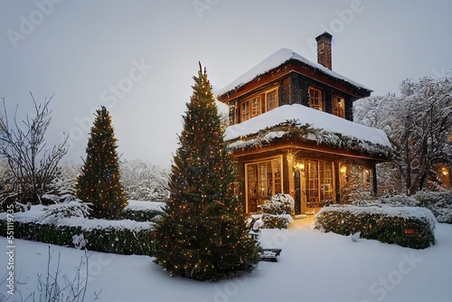 Cozy Christmas background with english cottage in the village, snowy sunny weather, morning, snow on the graund, big Christmas tree next to the house. Greetings Card © Sirius1717