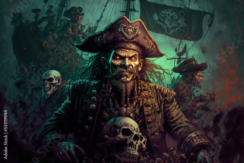 Undead pirates on a ghost ship, foggy greenish background