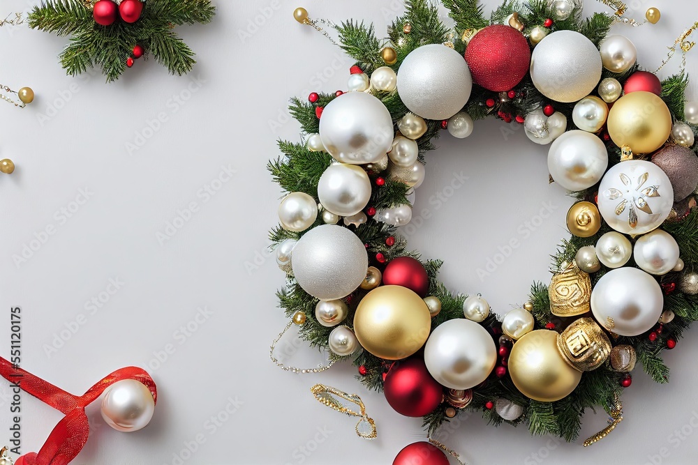 Luxury Christmas wreath with red, golden, pearl christmas toys, ribbons, stars, pine isolated on white background