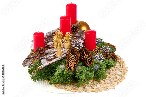 Christmas wreath with candles, isolated on white background.