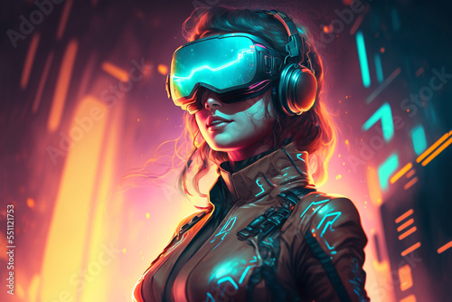  illustration of a women wearing VR headset with cyber theme background