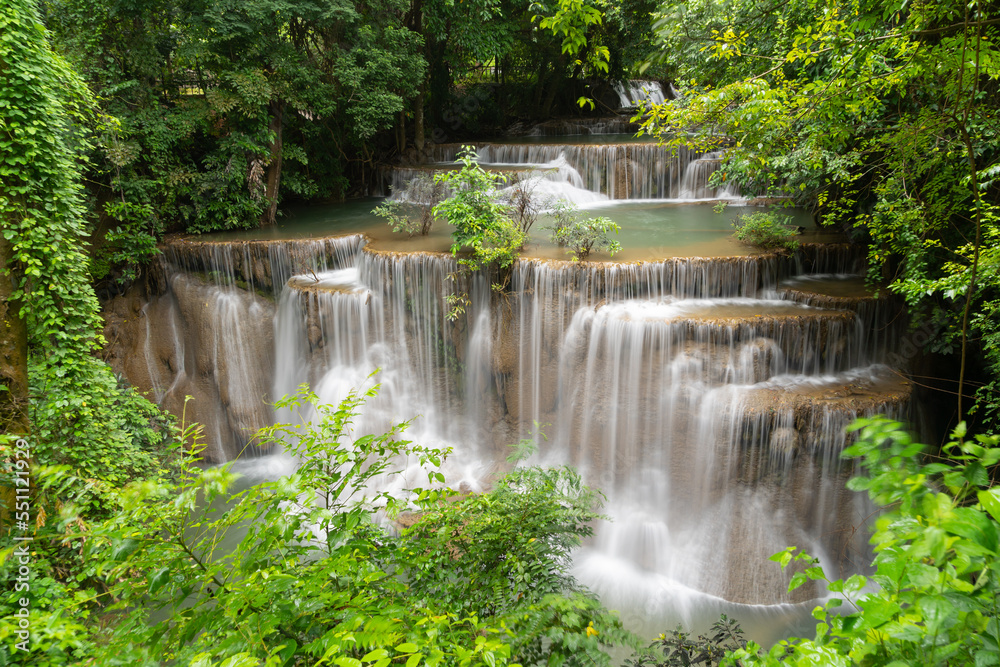 Erawan Waterfall. Nature landscape of Kanchanaburi district in natural area. it is located in Thailand for travel trip on holiday and vacation background, tourist attraction.