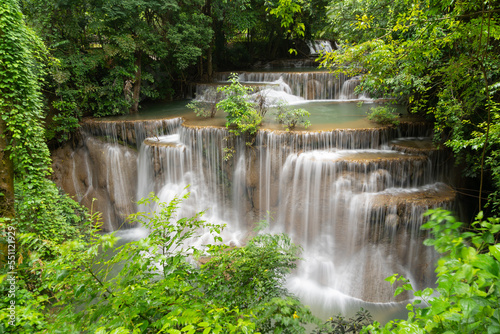 Erawan Waterfall. Nature landscape of Kanchanaburi district in natural area. it is located in Thailand for travel trip on holiday and vacation background  tourist attraction.