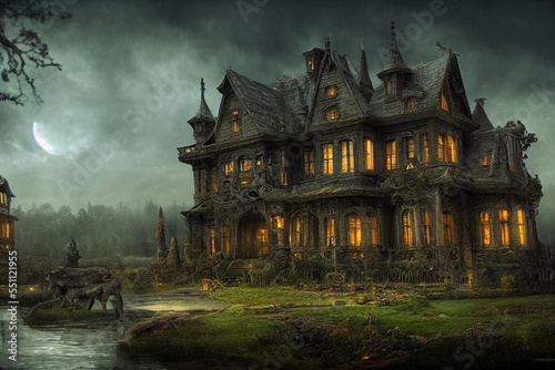 Fototapeta Overgrown Victorian Haunted Mansion in a Moonlit Swamp