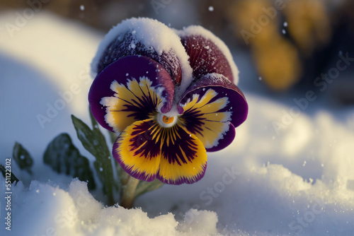 illustration of blossom pansy flowered with snow, snow fall,	
 photo
