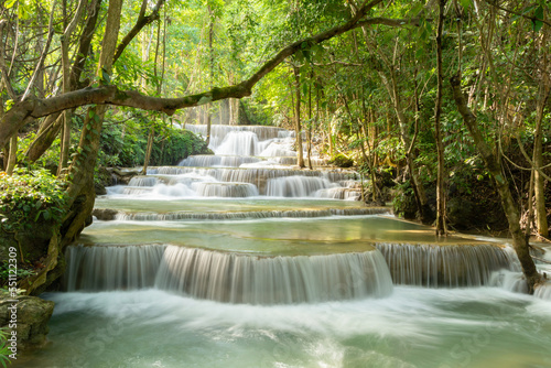 Erawan Waterfall. Nature landscape of Kanchanaburi district in natural area. it is located in Thailand for travel trip on holiday and vacation background, tourist attraction.