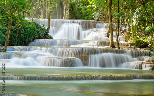 Erawan Waterfall. Nature landscape of Kanchanaburi district in natural area. it is located in Thailand for travel trip on holiday and vacation background  tourist attraction.