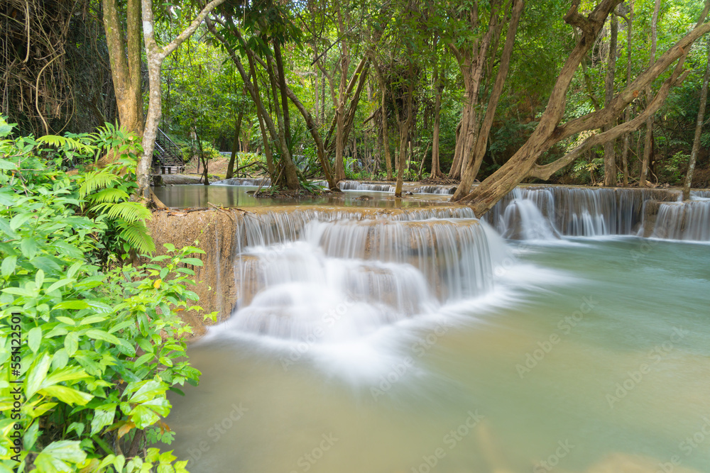 Erawan Waterfall. Nature landscape of Kanchanaburi district in natural area. it is located in Thailand for travel trip on holiday and vacation background, tourist attraction.