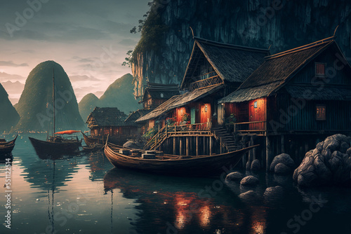  illustration beautiful view inspire from Ha Long Bay, Vietnam 