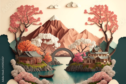 paper craft style illustration of Asian ancient city with blossom flower  photo