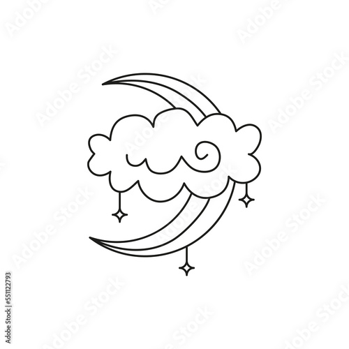 Doodle crescent moon and cloud.