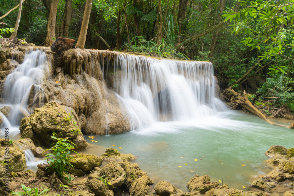 Erawan Waterfall. Nature landscape of Kanchanaburi district in natural area. it is located in Thailand for travel trip on holiday and vacation background, tourist attraction.