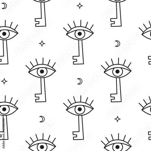 Seamless pattern with boho secret key, third eye.