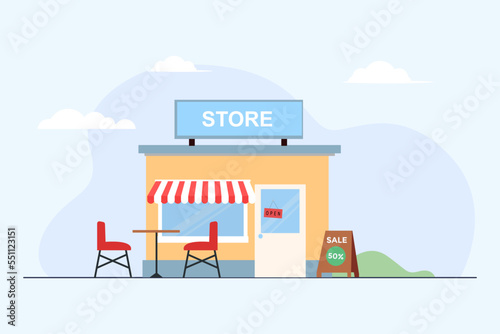 Fototapeta Naklejka Na Ścianę i Meble -  Vector illustration of coffee store, restaurant or café with discount banner and tables on the background of the landscape