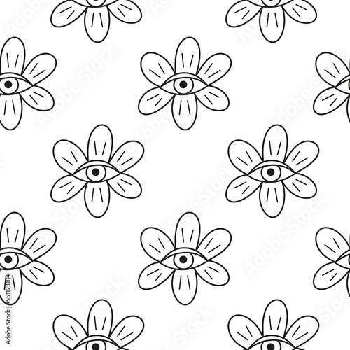 Seamless pattern with boho flowers  evil eyes.