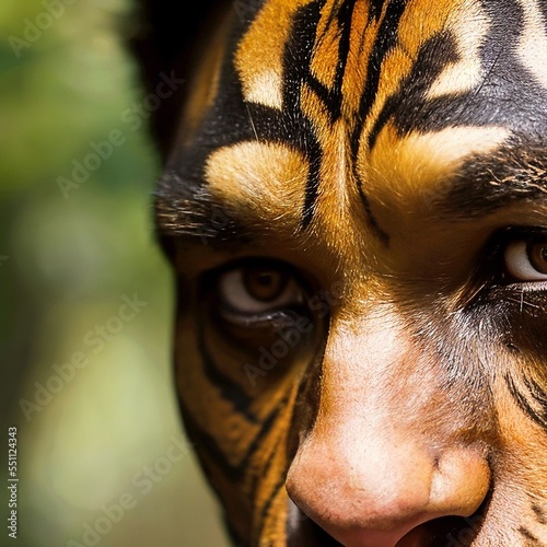 Mensch als Tiger Hybrid im Wald gemalt in Portrait Nahaufnahme, Generative AI 