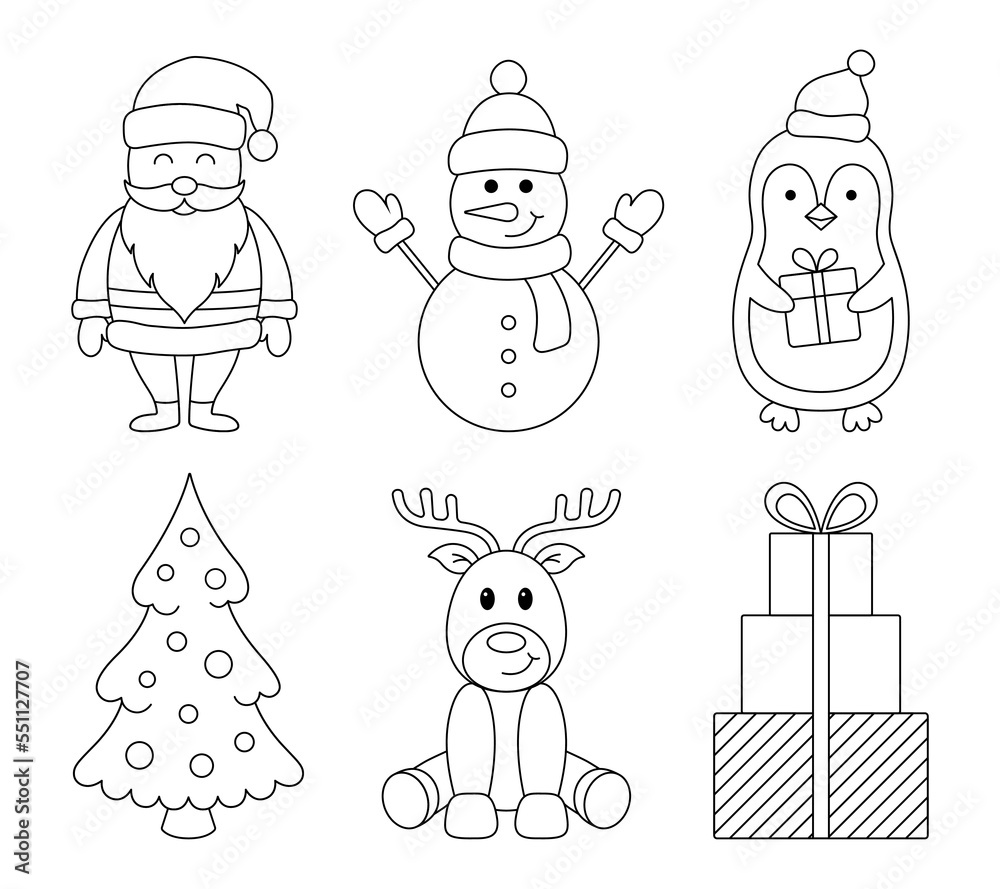 Fototapeta premium Set of Christmas outline characters, symbols and decorative elements. Santa Claus, snowman, reindeer, penguin, tree, gift boxes. Vector illustration