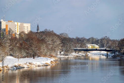 Fototapeta Naklejka Na Ścianę i Meble -  winter landscape with river and snow-covered trees on the river bank