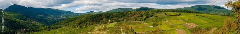 Fototapeta premium Thannenkirch, Bergheim, Ribeauvillé et le Reichenberg, château Haut-Kœnigsbourg, CEA, Alsace, Grand Est, France