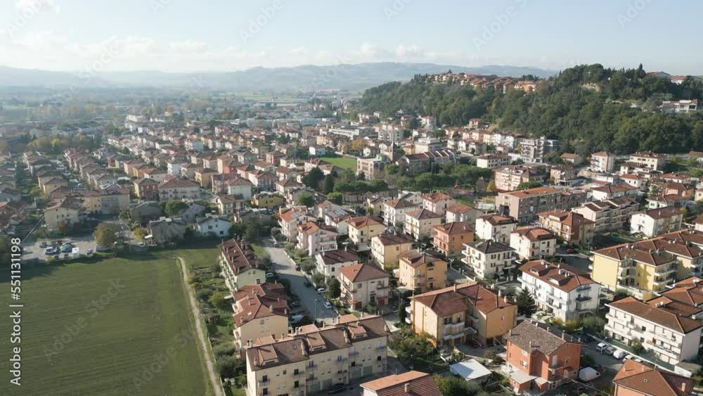 aerial view 4k 24 fps of the village of Montecchio in the province of Pesaro Urbino Marche region Italy aerial view 4k 24 fps of the village of Montecchio in the province of Pesaro Urbino Marche region Italy