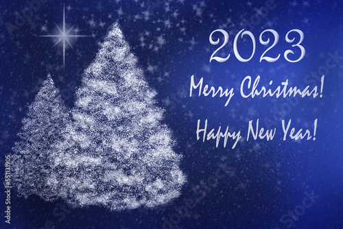 2023  Merry Christmas  happy New Year on a dark blue background. Inscriptions  numbers.