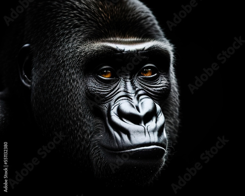 Portrait of a wild gorilla on a black background.