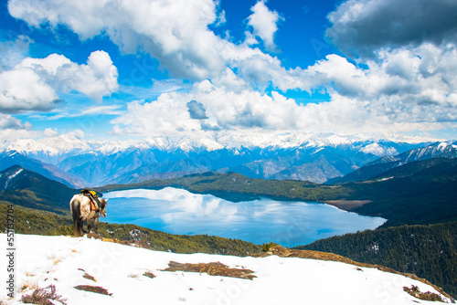 Beautiful Lake with Snowy Mountains Himalaya Rara Lake National Park Mugu Karnali Nepal Green Blue photo