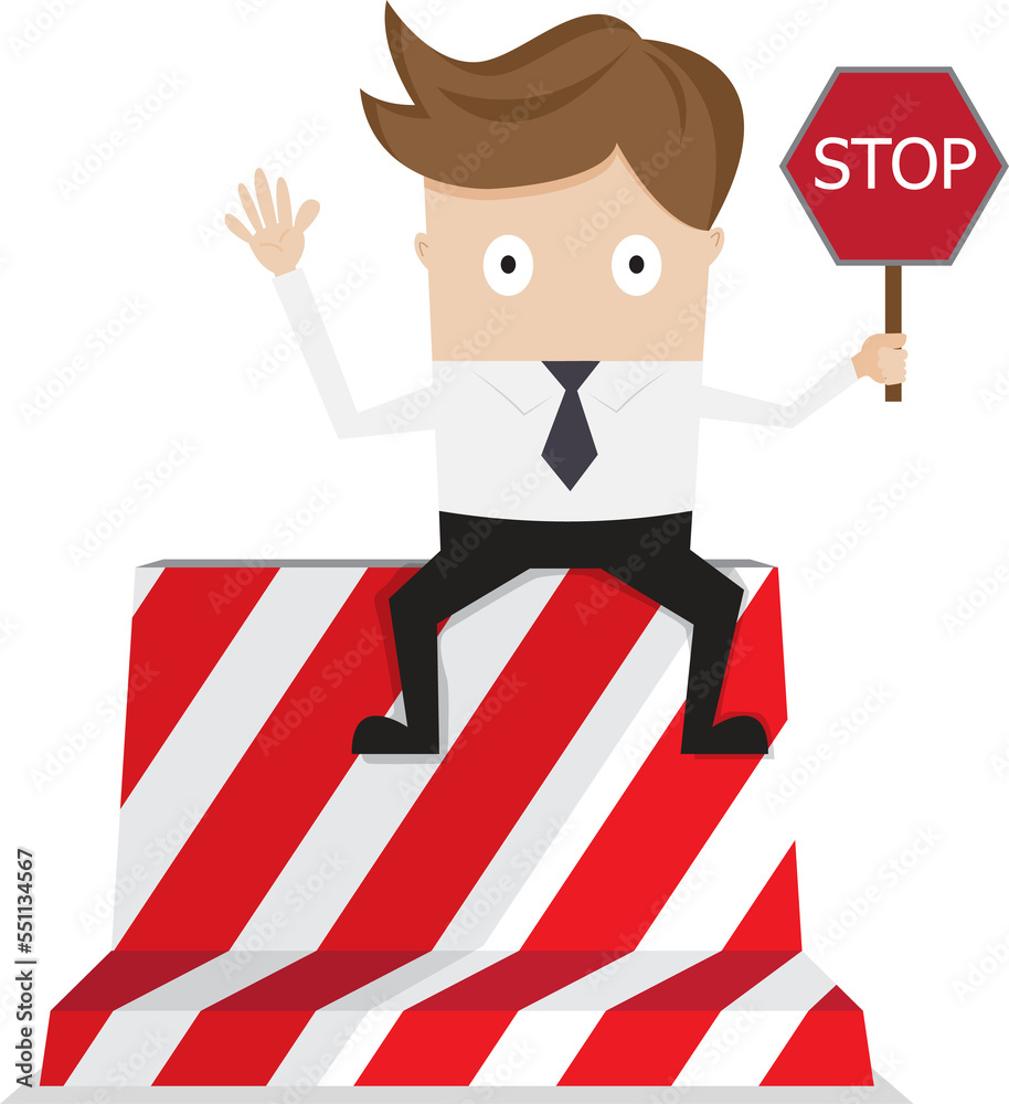 businessman with stop sign and barrier businessman with stop sign and barrier