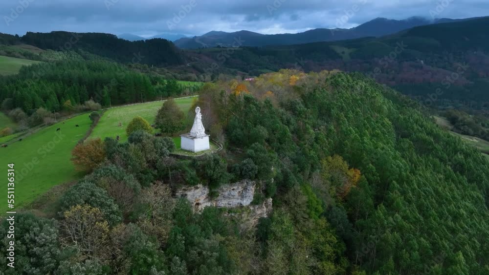 Landscape around the Virgen del Buen Suceso. Aerial view from a drone. Armañón Natural Park. Valley of Carranza. Biscay. Basque Country. Spain. Europe Landscape around the Virgen del Buen Suceso. Aerial view from a drone. Armañón Natural Park. Valley of Carranza. Biscay. Basque Country. Spain. Europe