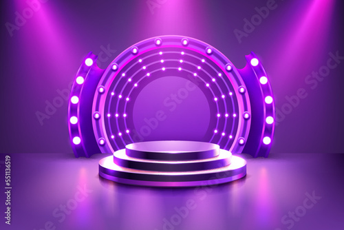 Show light, Stage Podium Scene with for Award Ceremony on purple Background. Vector