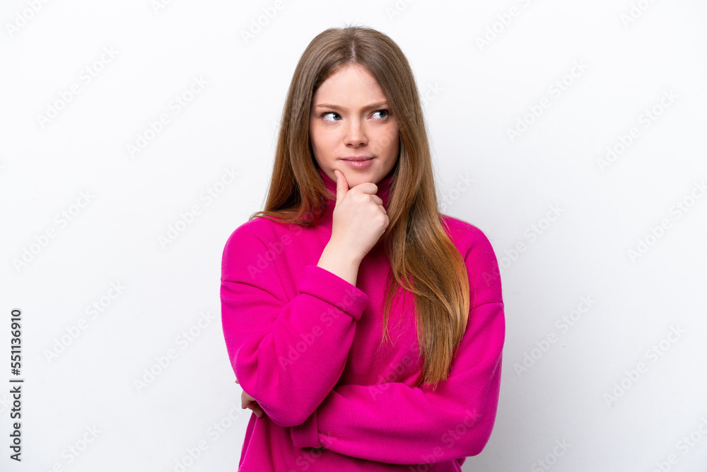 Young caucasian woman isolated on white background having doubts and thinking Young caucasian woman isolated on white background having doubts and thinking