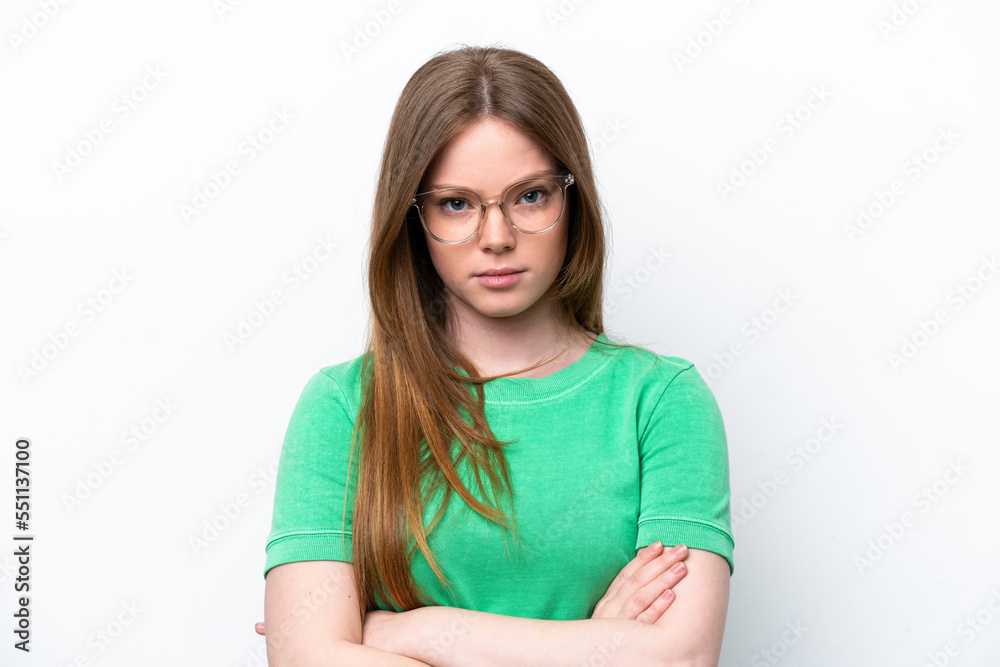 Young caucasian woman isolated on white background With glasses and arms crossed Young caucasian woman isolated on white background With glasses and arms crossed