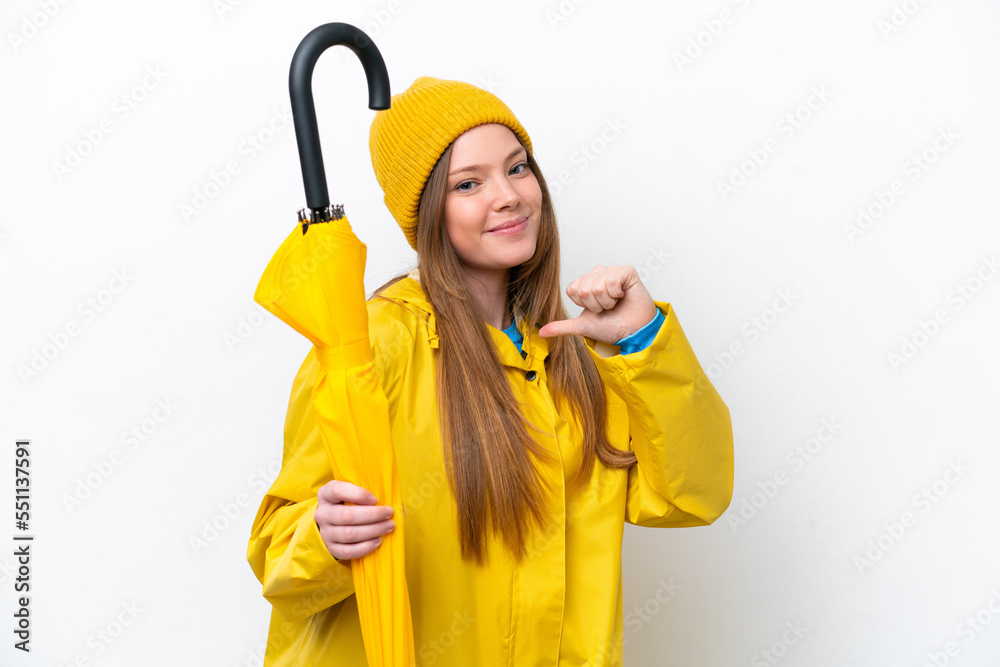 Young caucasian woman with rainproof coat and umbrella isolated on white background proud and self-satisfied Young caucasian woman with rainproof coat and umbrella isolated on white background proud and self-satisfied