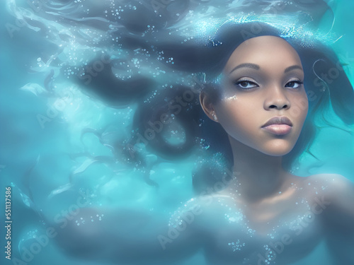 Portrait of the Goddess of the Ocean Underwater (African ethnicity). Fae, mermaid, genie, water spirit. Digital artwork.