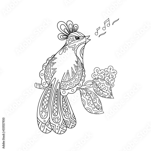 Coloring page fantasy paradise bird sitting on a blooming branch of tree and singing. Outline drawing in Zentangle style. 