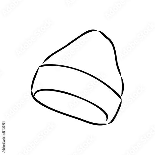 Doodle autumn knitted hat with pompoun, hand drawn warm clothes for winter cold weather, seasonal accesories.Sketch,freehand minimalistic design, child drawing.Isolated.Vector illustration