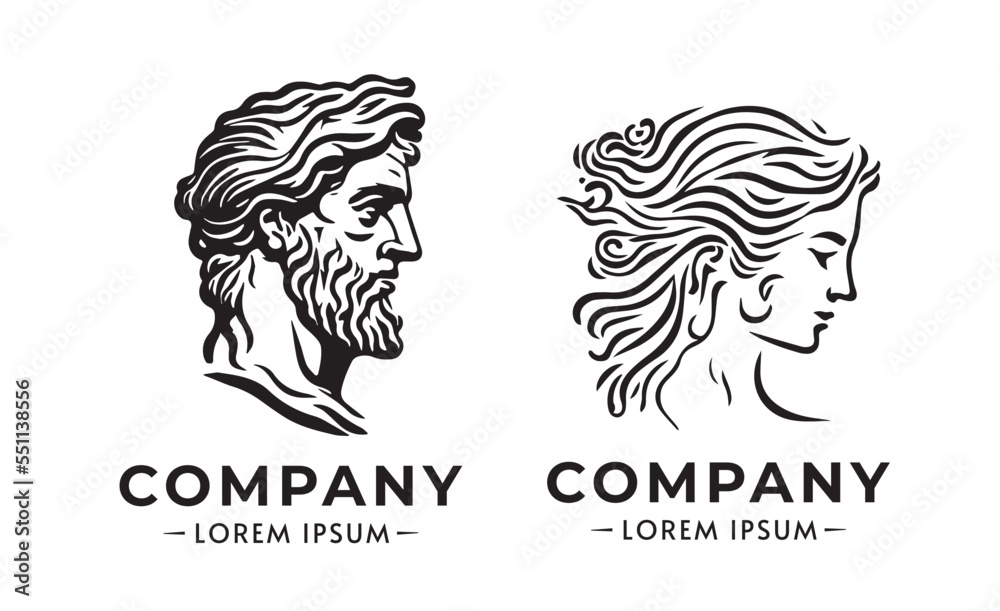 Greek god head wearing laurel icon logo design. Vector minimal line style ancient greek figure face statue logo