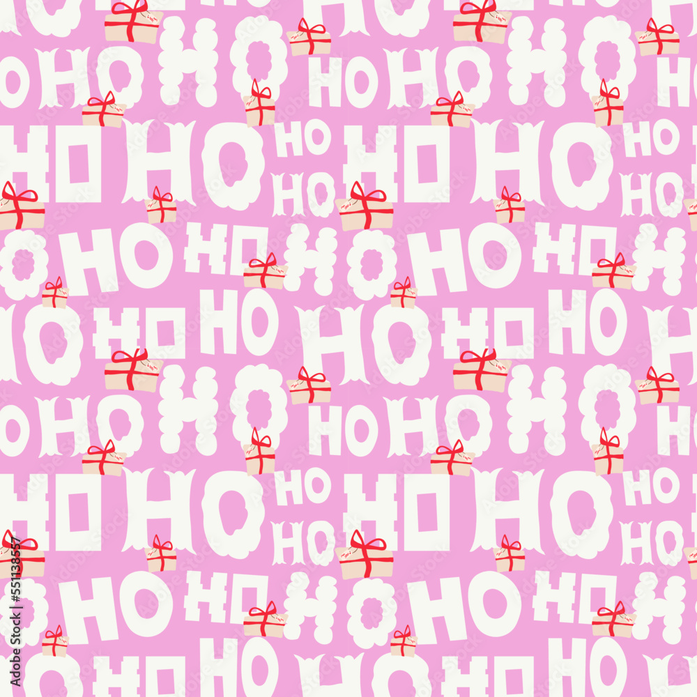 Ho ho ho Santa Claus laughter seamless pattern for wrapping paper, card, gift packaging or fabric design. Pink Christmas repeat background. Ho ho ho Santa Claus laughter seamless pattern for wrapping paper, card, gift packaging or fabric design. Pink Christmas repeat background.