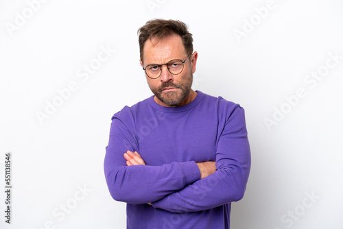 Middle age caucasian man isolated on white background with unhappy expression