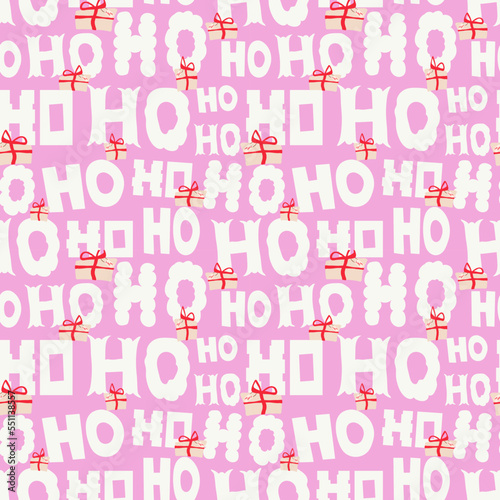  Ho ho ho Santa Claus laughter seamless pattern for wrapping paper, card, gift packaging or fabric design. Pink Christmas repeat background.