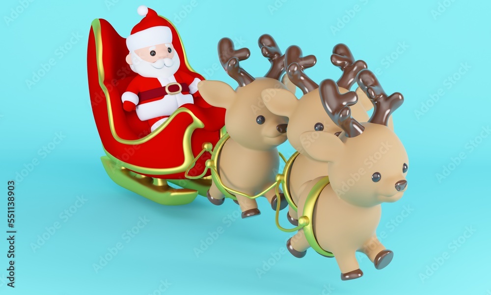 Santa Claus in sleigh with deer on a blue background. 3d rendering Santa Claus in sleigh with deer on a blue background. 3d rendering