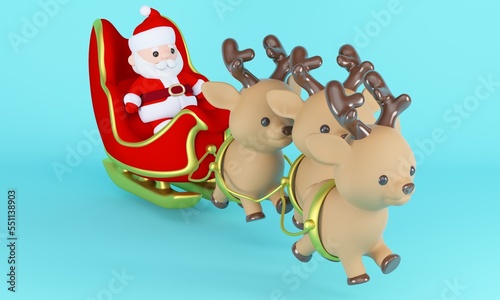 Santa Claus in sleigh with deer on a blue background. 3d rendering