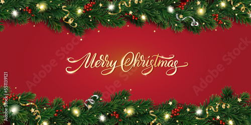 Christmas card with Christmas tree decoration and lights. Hand drawn lettering. Realistic vector. For holiday headers, banners, party posters.