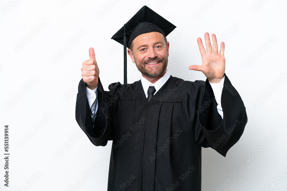 Middle age university graduate man isolated on white background counting six with fingers Middle age university graduate man isolated on white background counting six with fingers