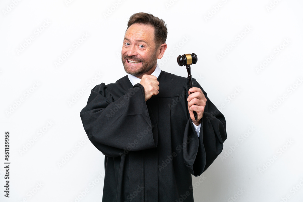 Middle age judge man isolated on white background celebrating a victory Middle age judge man isolated on white background celebrating a victory