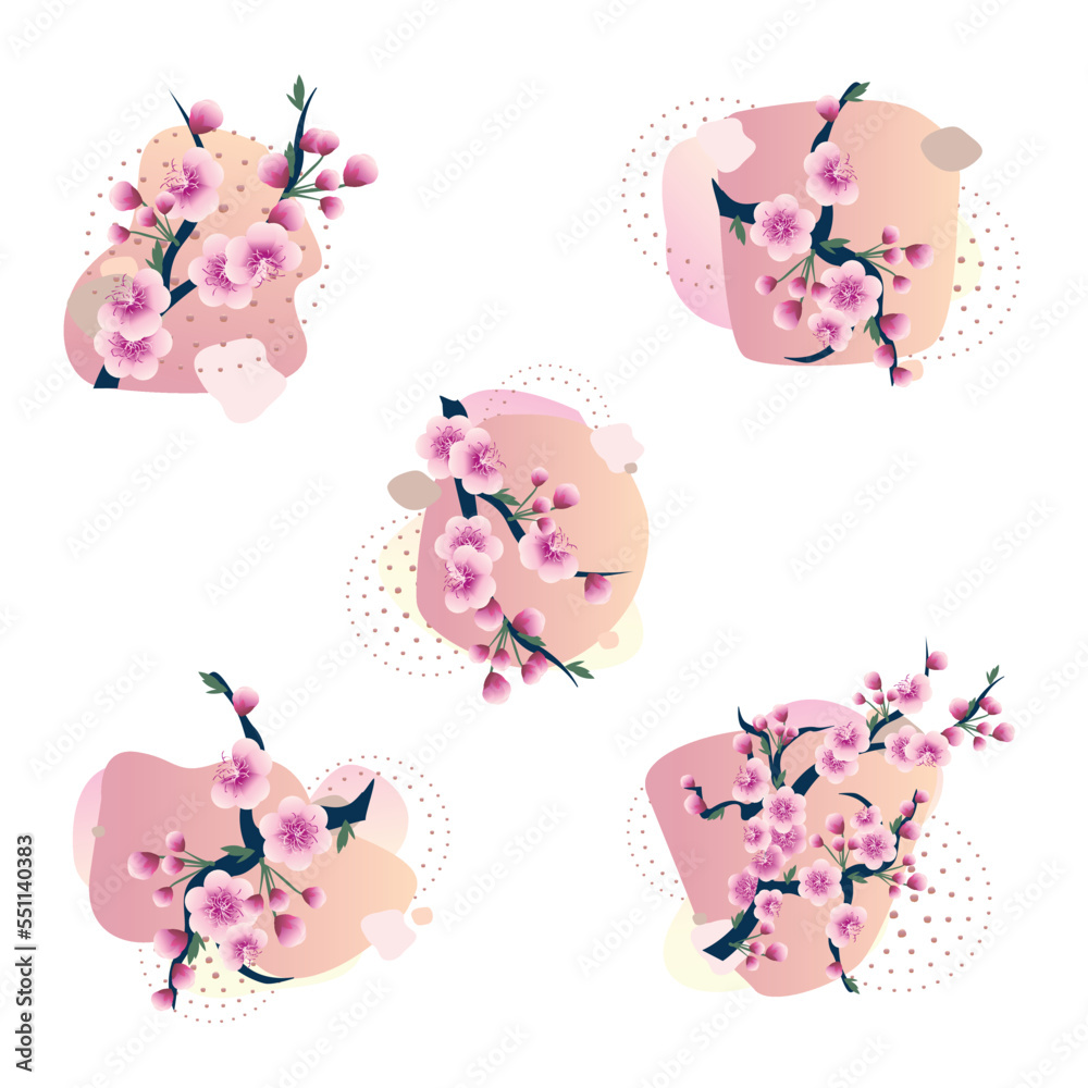 Set of vector illustrations and template with sakura branch on abstract background simple modern style. Hand drawn for decorating wedding invitations or greeting cards and social media.